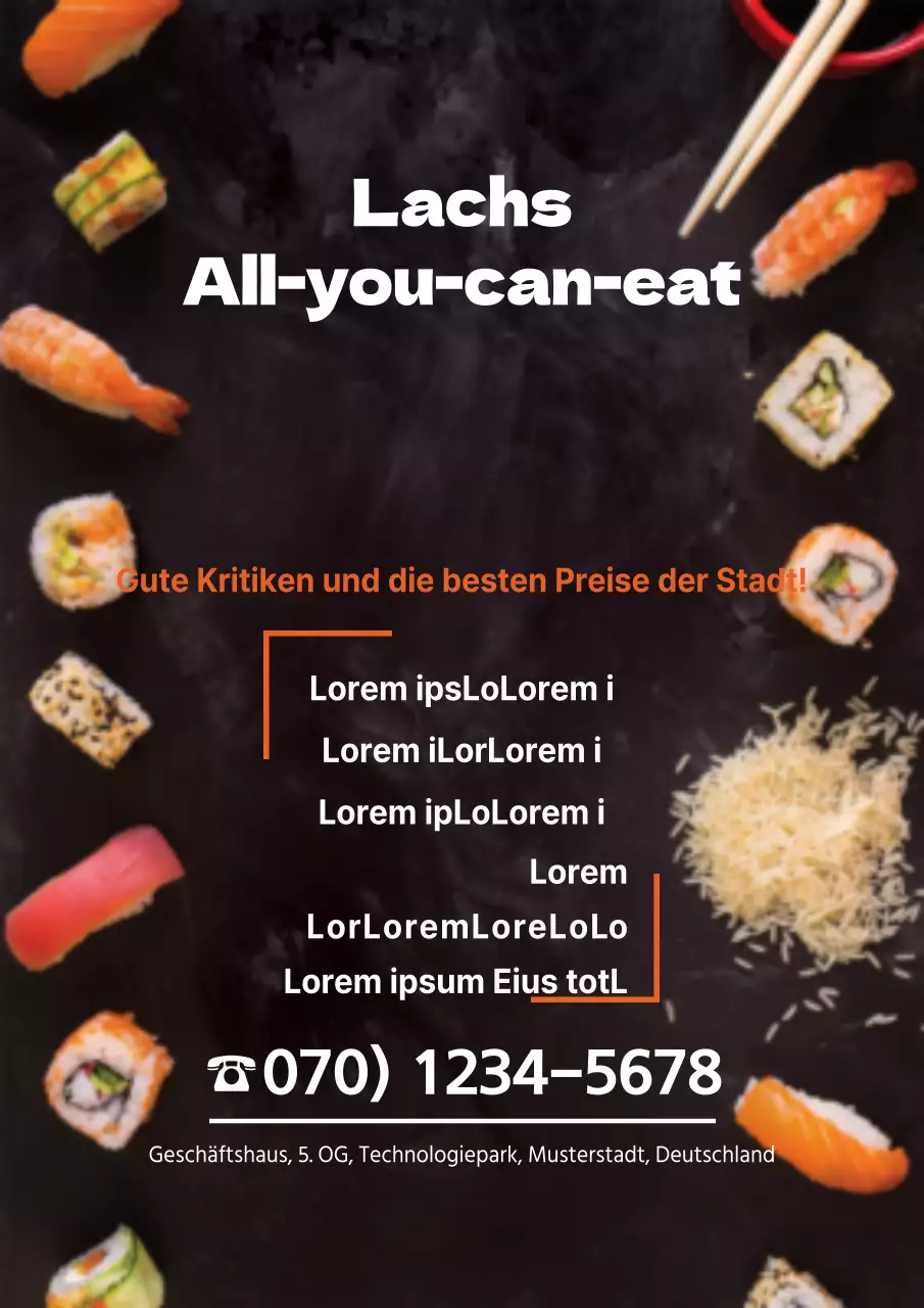 Stündliche Preisliste mit weißen und orangefarbenen Sushi-Bildern