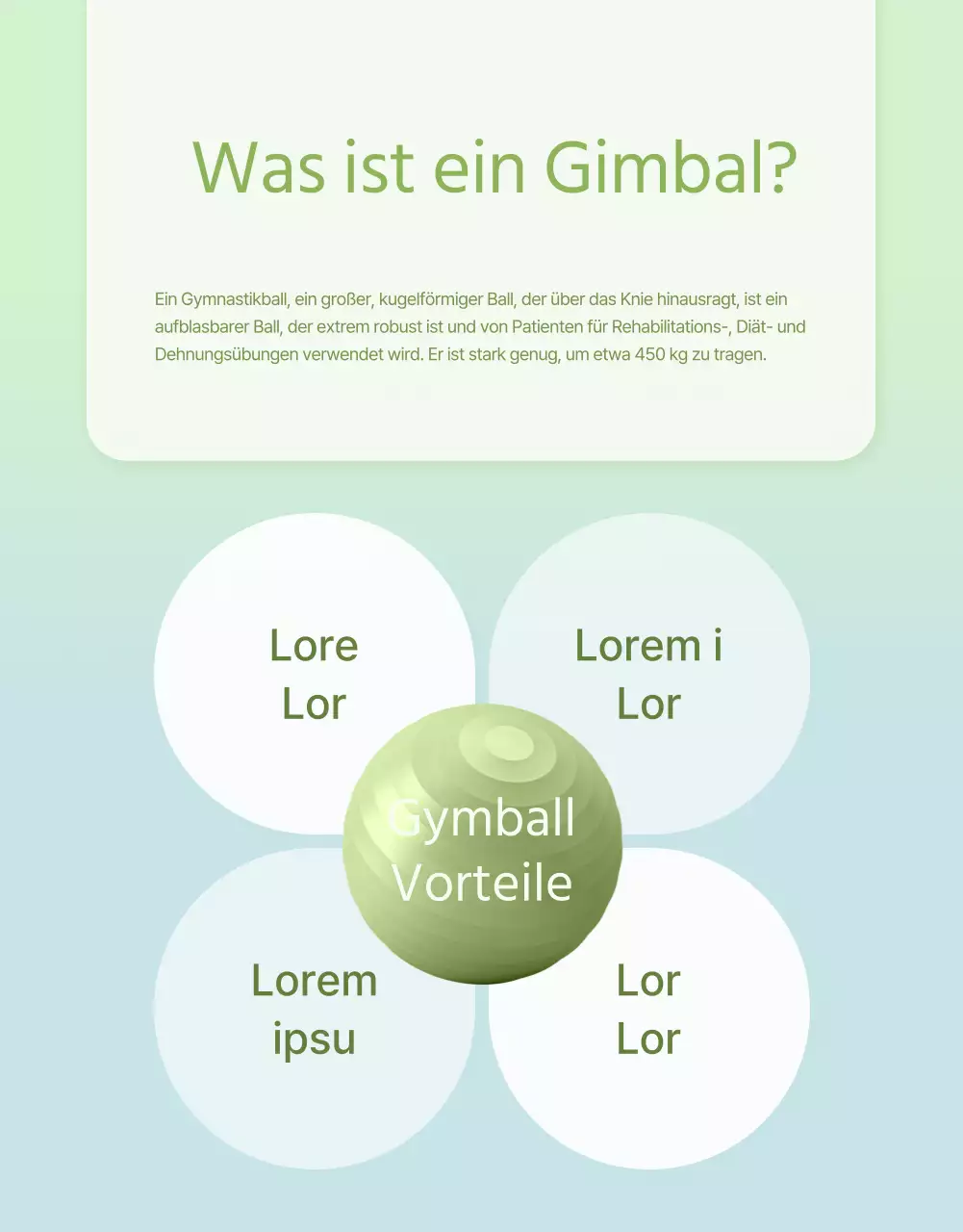 Das künstlerische lila, lindgrüne und blaue Gymnastikballgerät wird vorgestellt