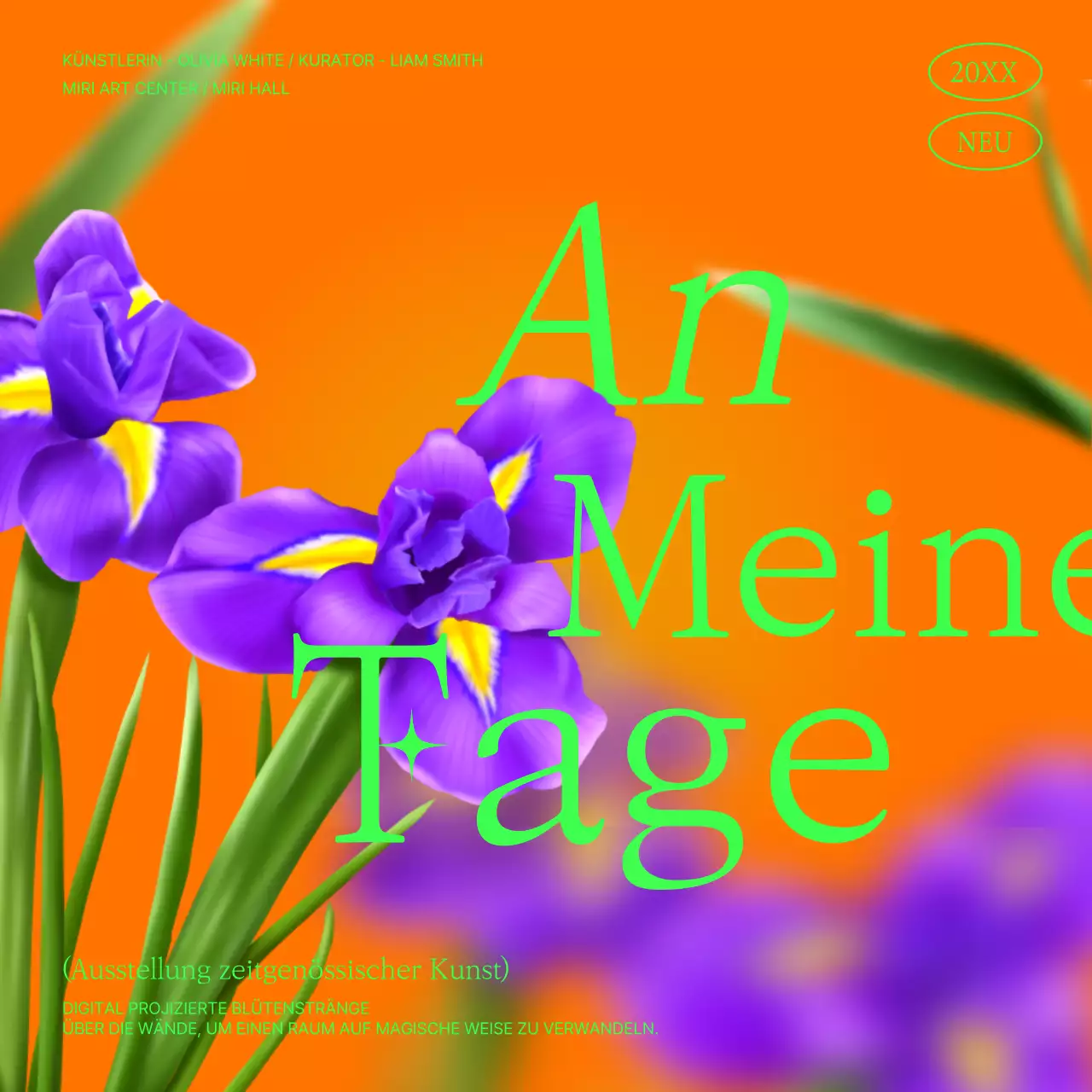 Titel einer Ausstellung zeitgenössischer Kunst in Orange und Lila