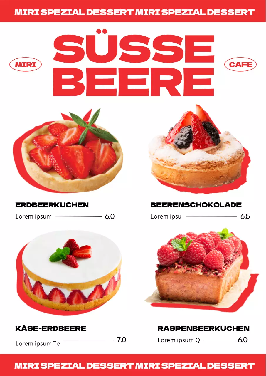 Trendiges Café-Dessert-Menü mit einer erfrischenden Akzentfarbe Rot und Erdbeer-Dessertfotos