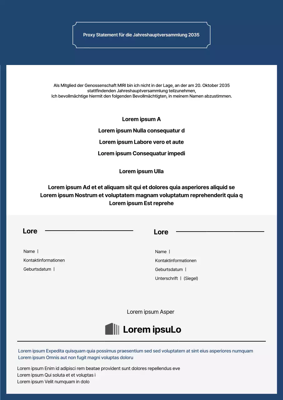 Vollmachtserklärung für die Jahreshauptversammlung in blau und grau