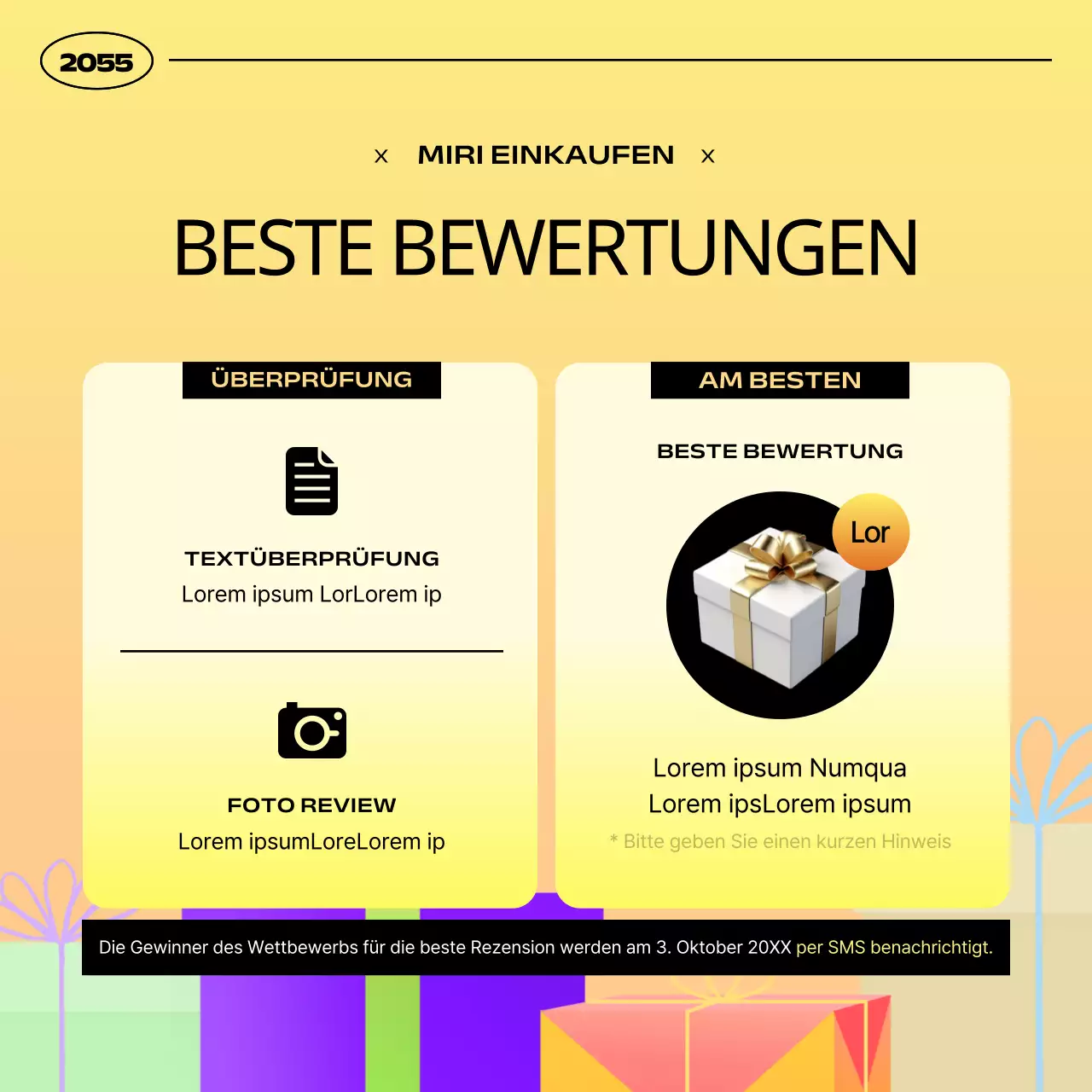 Einfache gelbe und orangefarbene Ankündigung einer Geschenkaktion