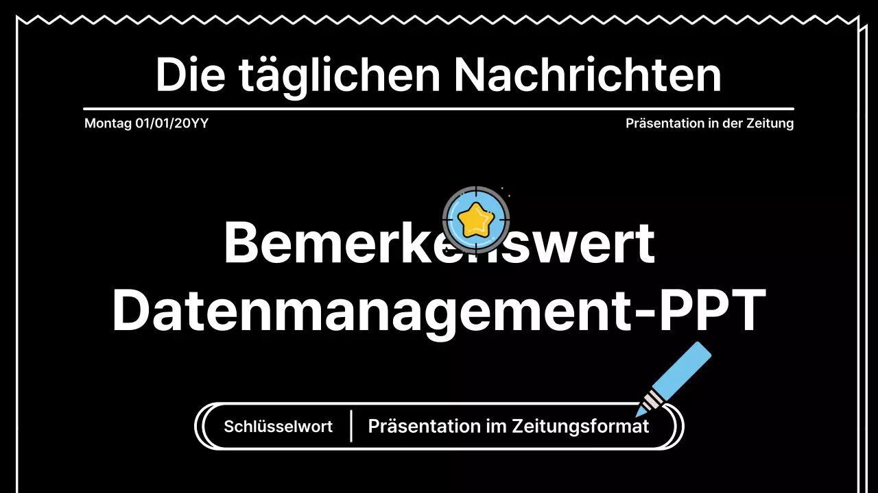 Aufmerksamkeitsstarke Präsentation mit fetten Linien in einem Zeitungskonzept auf schwarzem Hintergrund