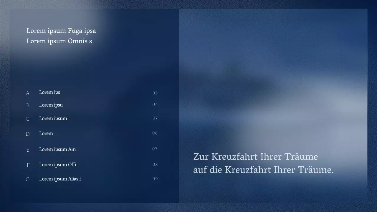 Ein einfaches, sauberes Kreuzfahrtprodukt mit tiefem Marineblau und klarem Weiß für gute Lesbarkeit