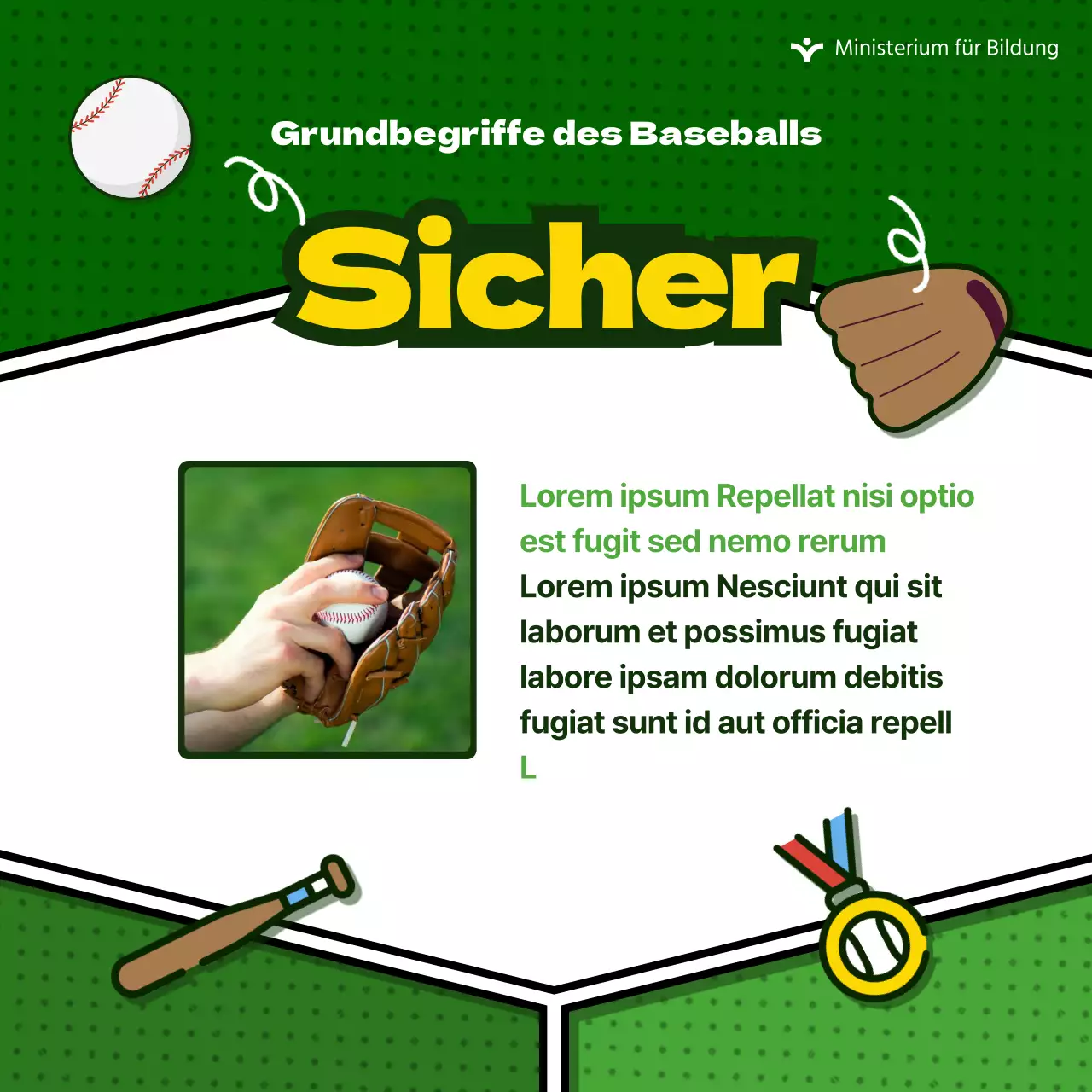 Informationen über niedliche Baseballbegriffe auf grünem Hintergrund