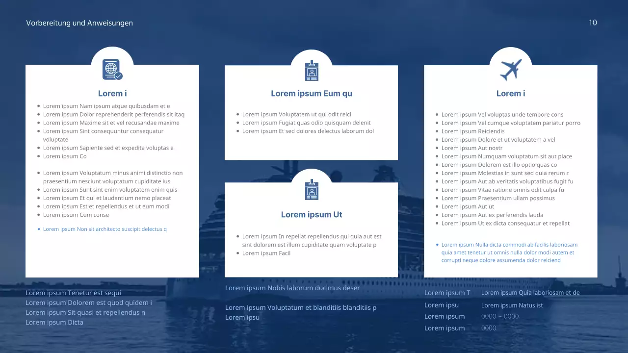 Ein einfaches, sauberes Kreuzfahrtprodukt mit tiefem Marineblau und klarem Weiß für gute Lesbarkeit