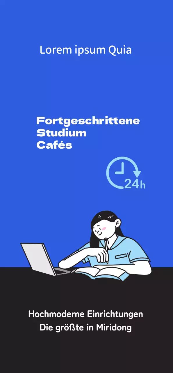 Werbung für ein sauberes Lerncafé mit einer Illustration eines Studenten, der auf blauem Hintergrund lernt