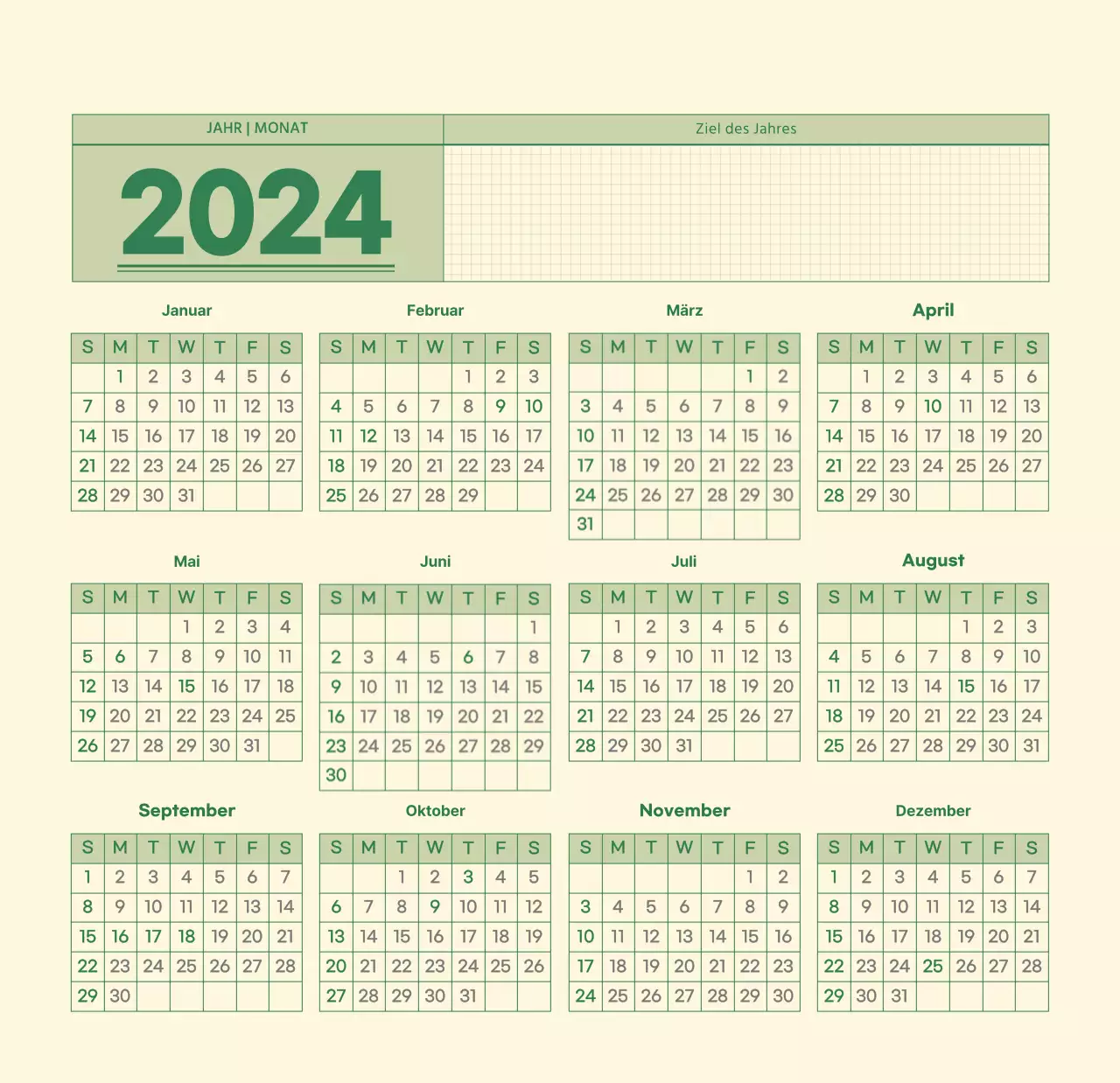 SAT D-day Notizblock Konzept Wandkalender in grün und hellgelb