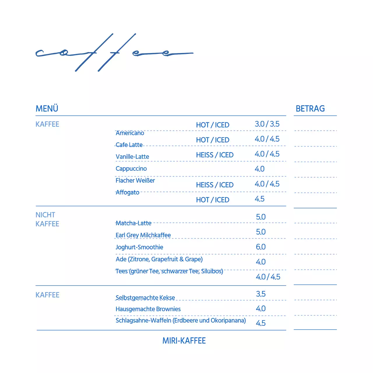 Weiß Blau Einfaches Cafe Getränkekarte