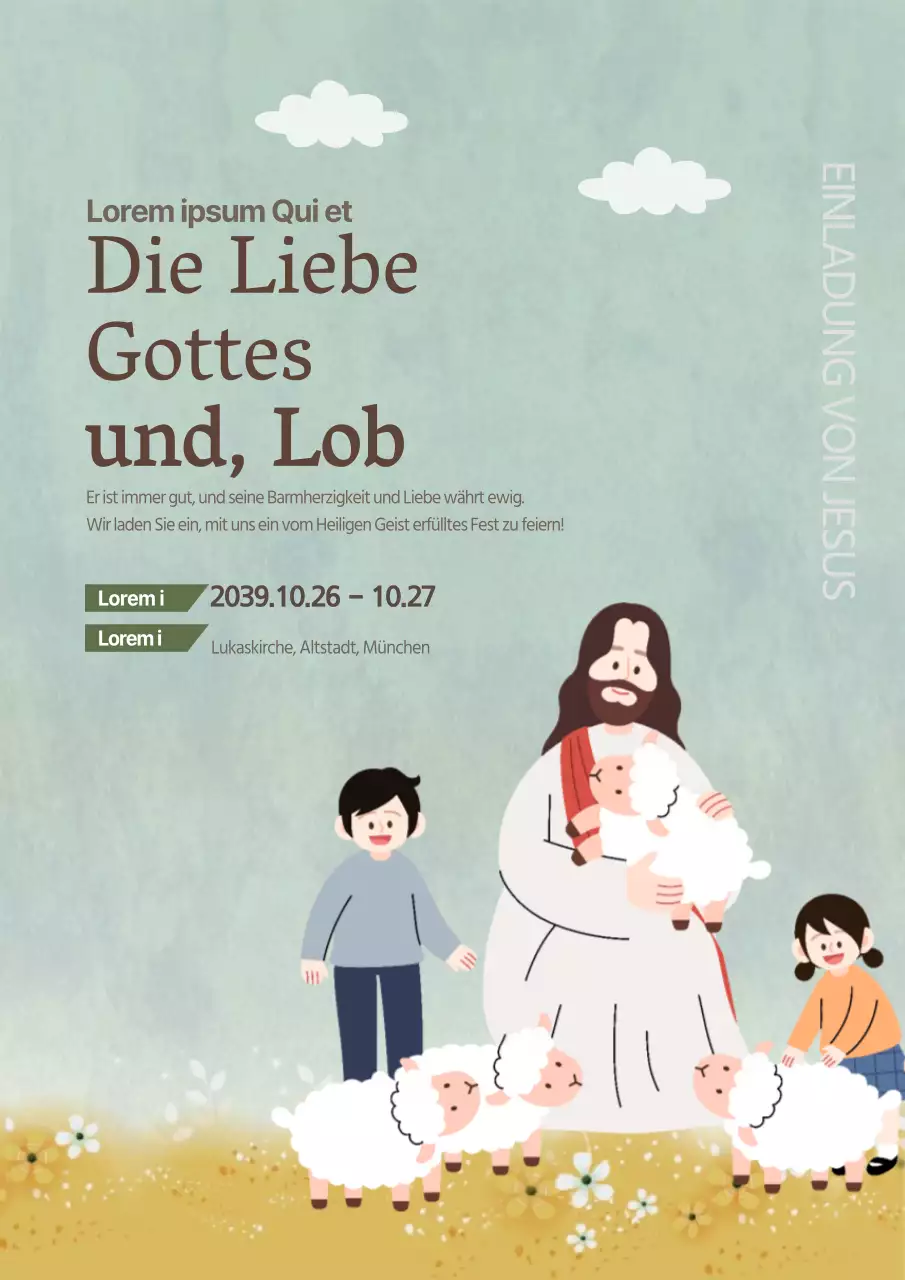 Werben Sie für ein Kirchenfest mit einer Illustration von Jesus und Kindern in Hellblau.