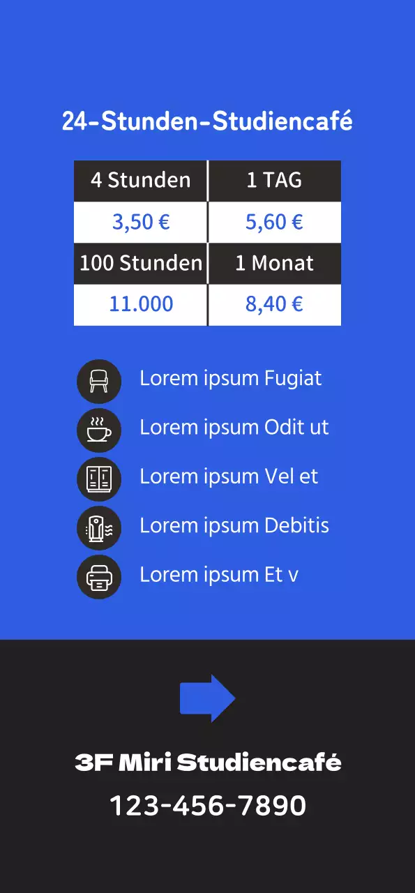 Werbung für ein sauberes Lerncafé mit einer Illustration eines Studenten, der auf blauem Hintergrund lernt