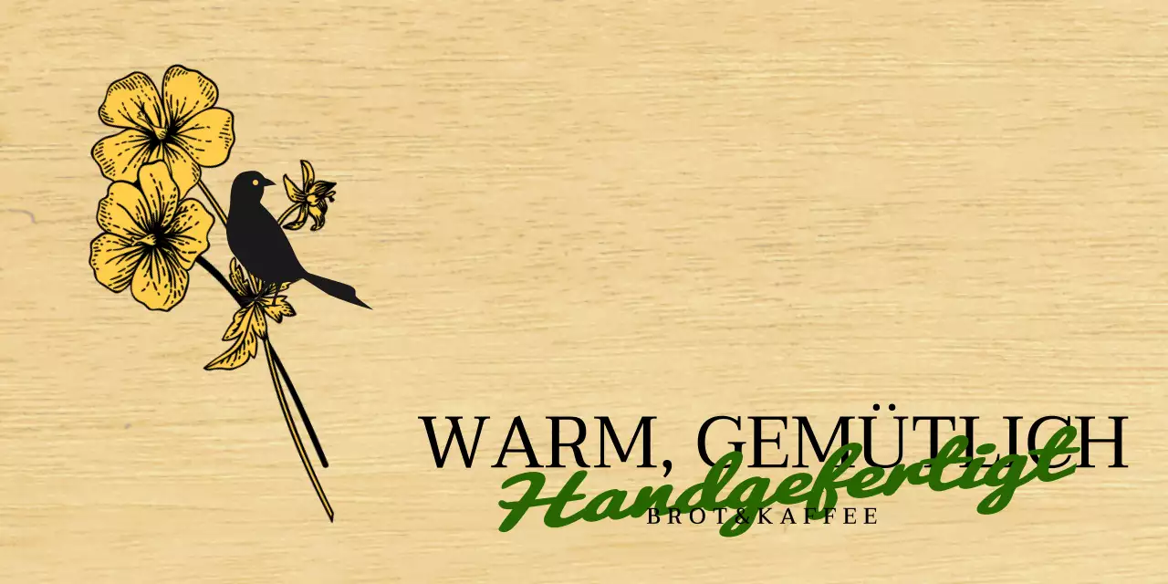 Emotionales Bäckerei-Café-Design mit schwarzen und gelben Blumen- und Vogelillustrationen