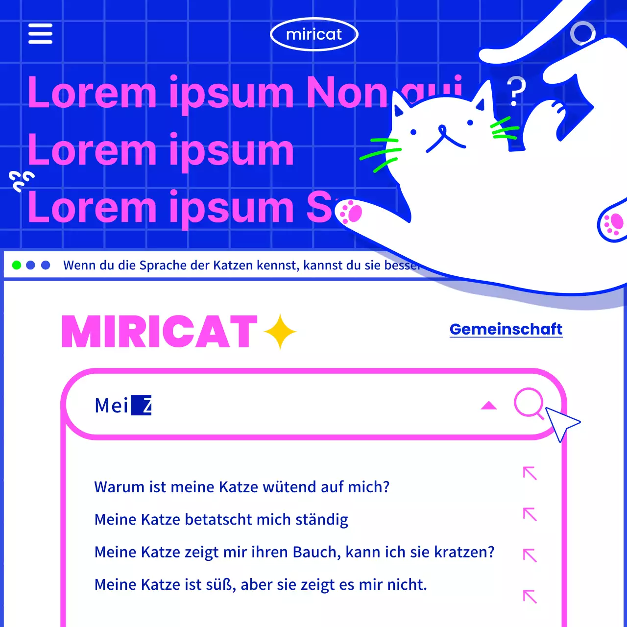 Vermitteln Sie Katzeninformationen im Retro-Internet-Look mit einer weißen Katzenillustration auf blauem Hintergrund