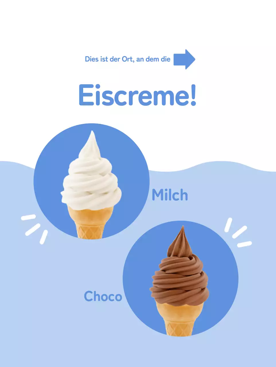 Werben Sie für eine saubere, hübsch aussehende Speisekarte mit weißem Eis auf hellblauem Hintergrund