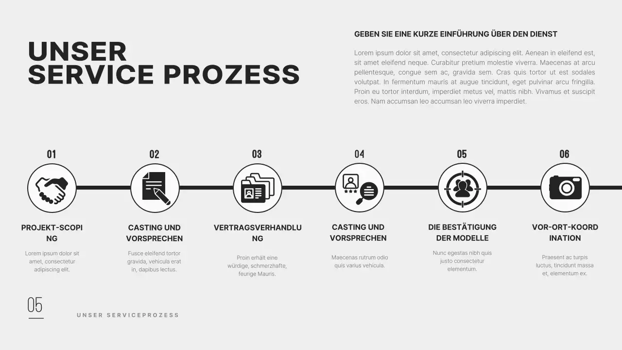 Ein sauberes und modernes Firmenprofil einer Modelagentur in Schwarz.