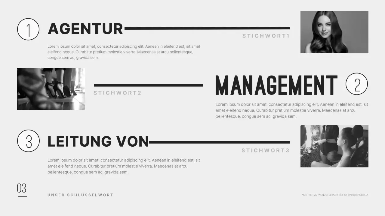 Ein sauberes und modernes Firmenprofil einer Modelagentur in Schwarz.