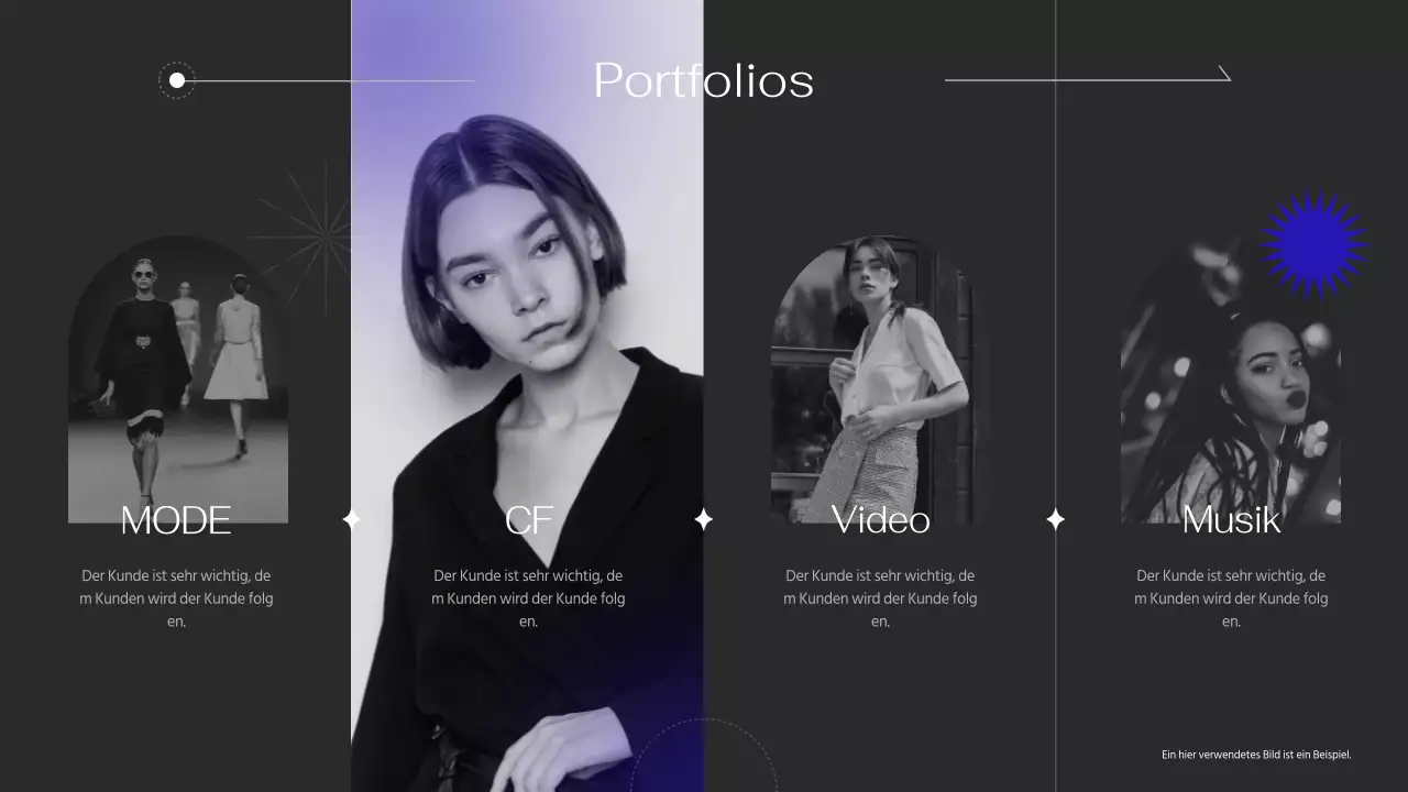 Portfolio mit einfachen Linien und lila Akzenten auf schwarzem Hintergrund