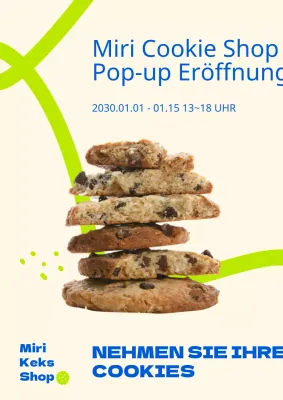 Cookie Shop Pop-up mit einem Linienzeichnungskonzept in den kontrastierenden Farben Blau und Chartreuse