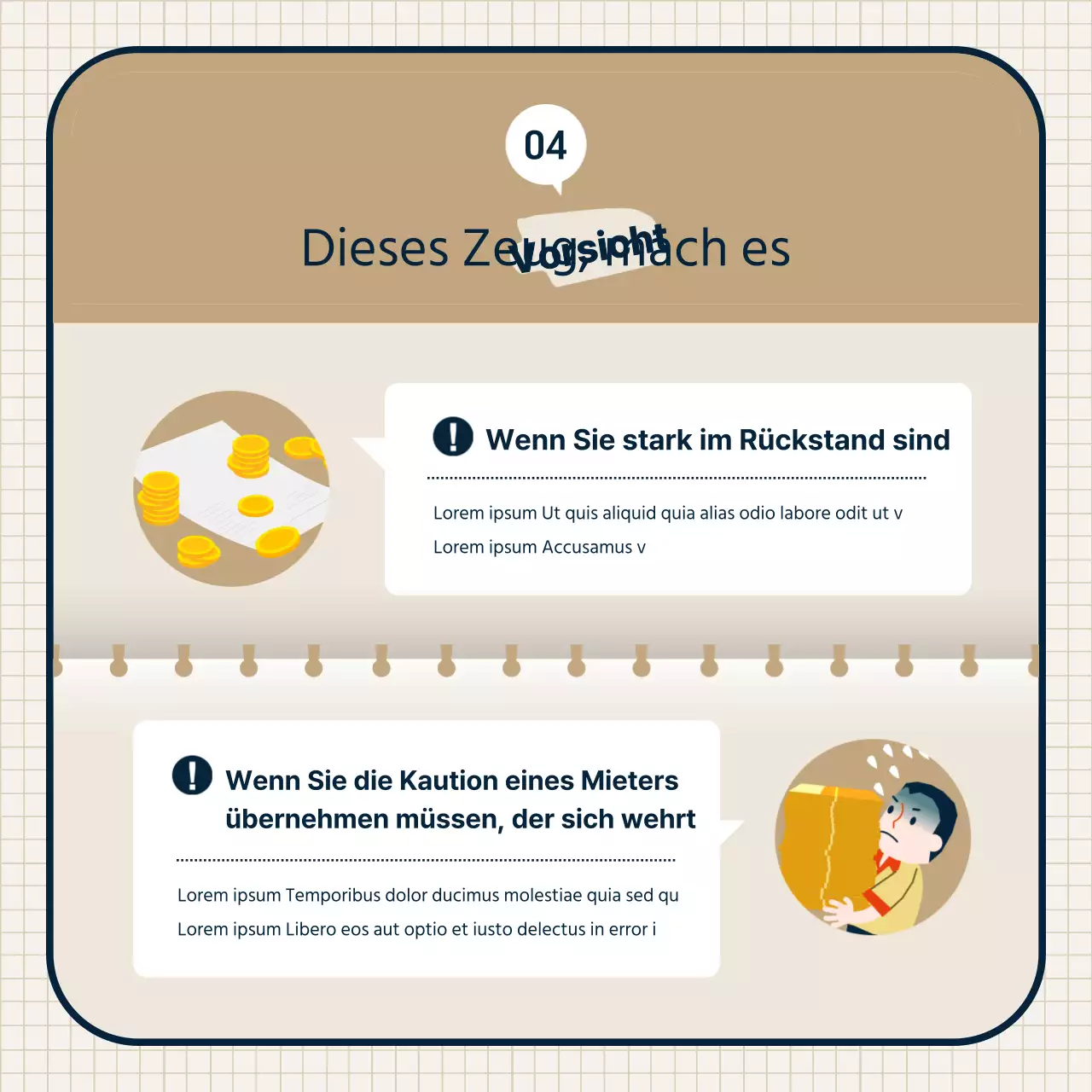 Thema der Immobilienauktion mit beigen, sauberen Illustrationen und Rahmenkombinationen