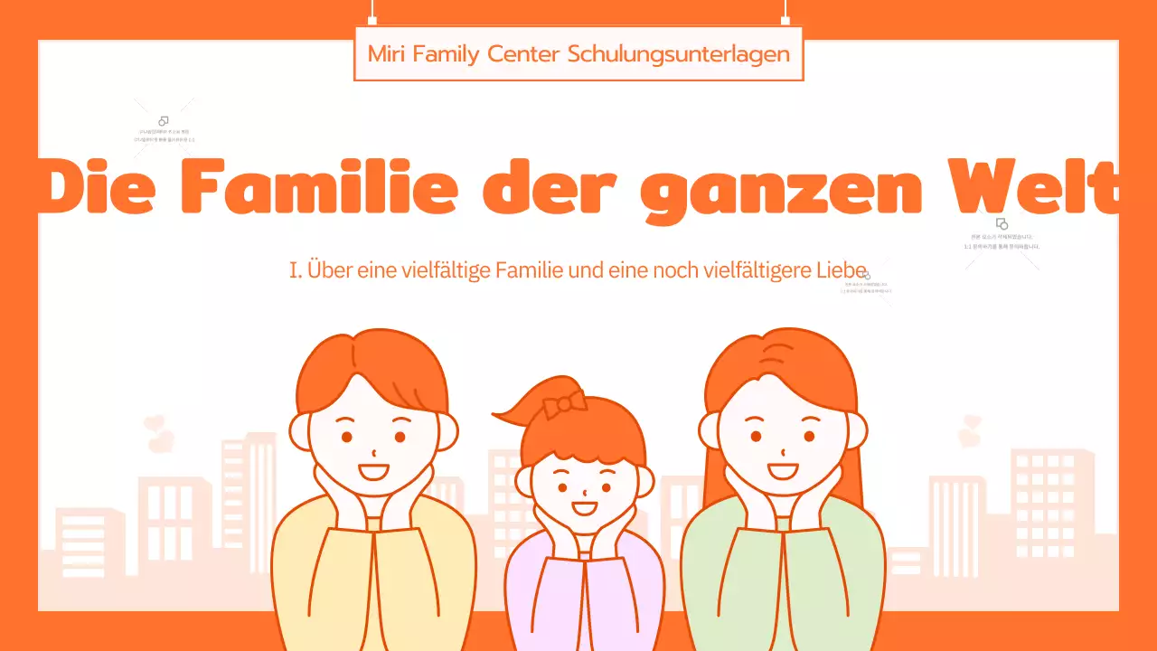 Familienkulturprogramm mit niedlichen orangefarbenen Illustrationen