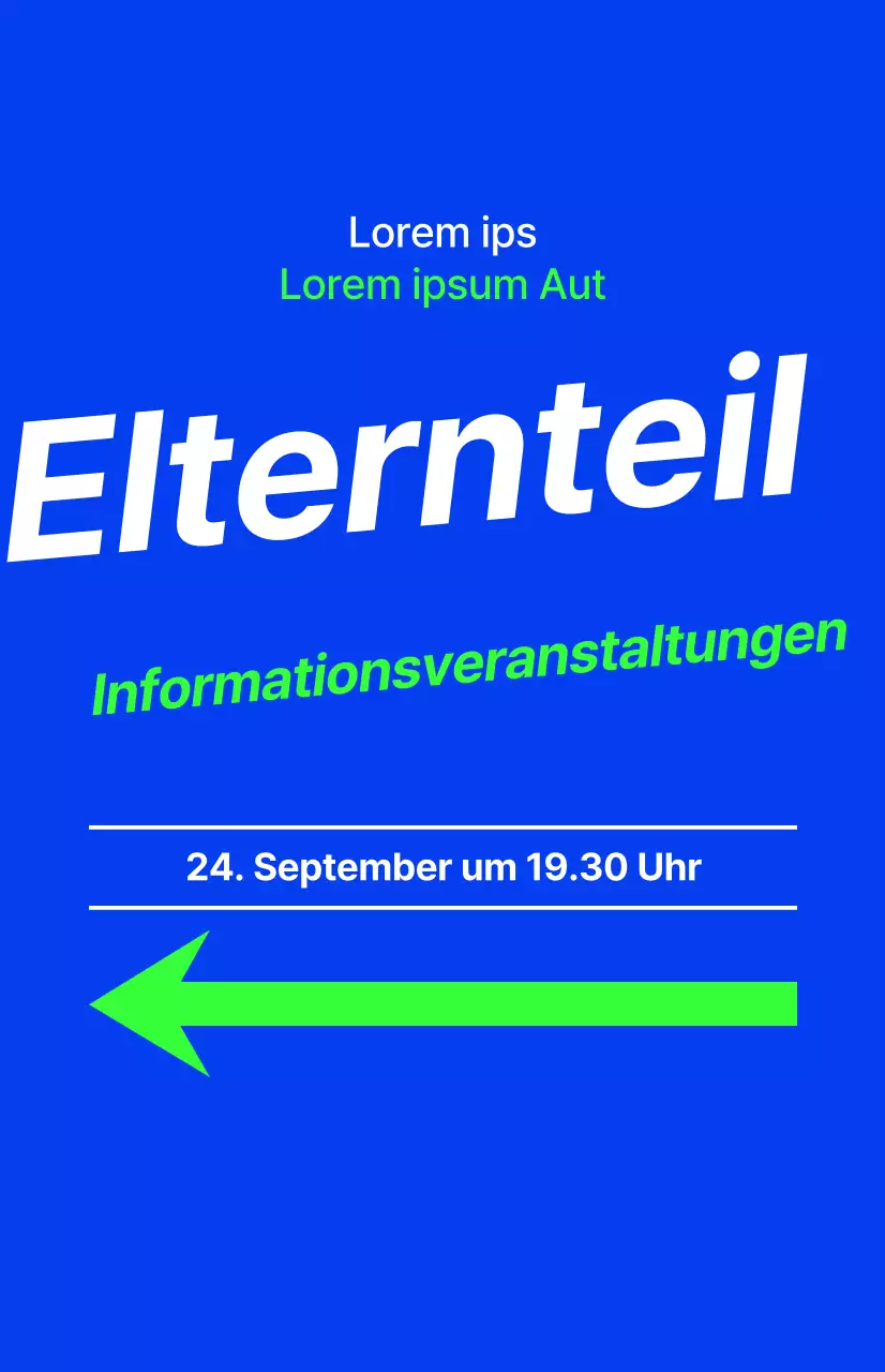 Eine Informationsveranstaltung für Eltern von Oberstufenschülern, mit blauem Text und fluoreszierenden Akzentfarben.