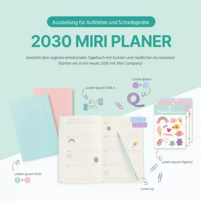 Eine Ausstellung von mintfarbenen Tagebüchern und Schreibgeräten