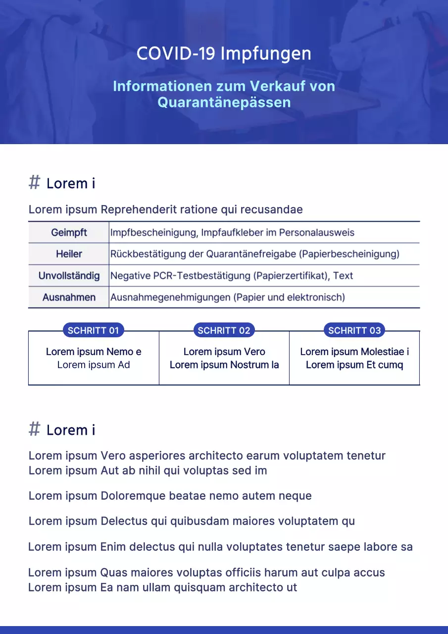 Sauberer, schlichter Stil in Blau und Weiß Verkaufsinformationen zum Quarantänepass