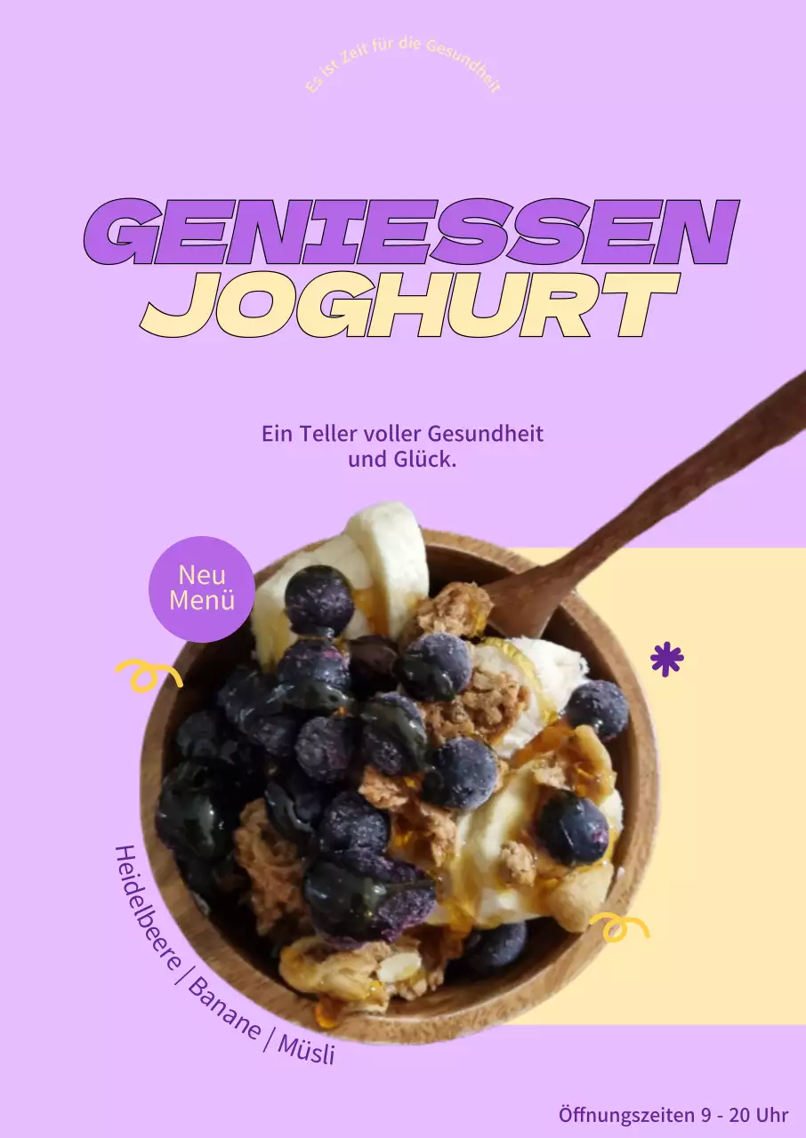 Poster mit einem dynamischen Titel in einer Farbkombination aus Lila und Gelb