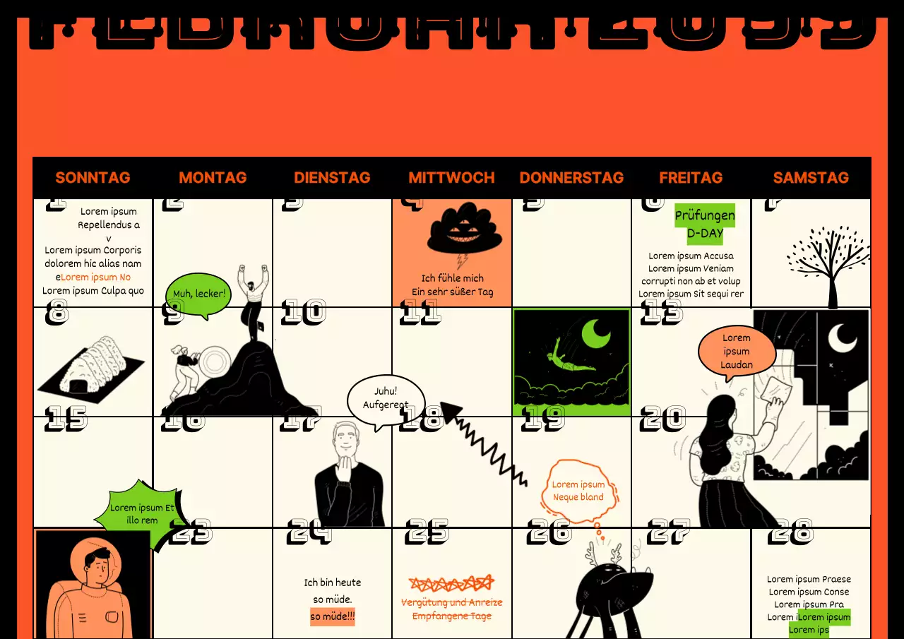 Niedlicher alter Munsley-Kalender mit orangefarbenem Hintergrund