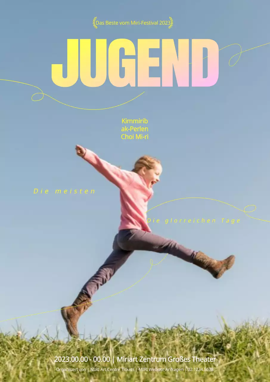 Eine theatralische Aufführung mit dynamischen Linien und Schriftlayouts vor dem Hintergrund eines klaren Herbsthimmels und jugendlicher Fotos