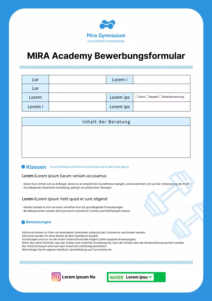 Antragsformular für die Aufnahme in eine Sportschule in hellblau