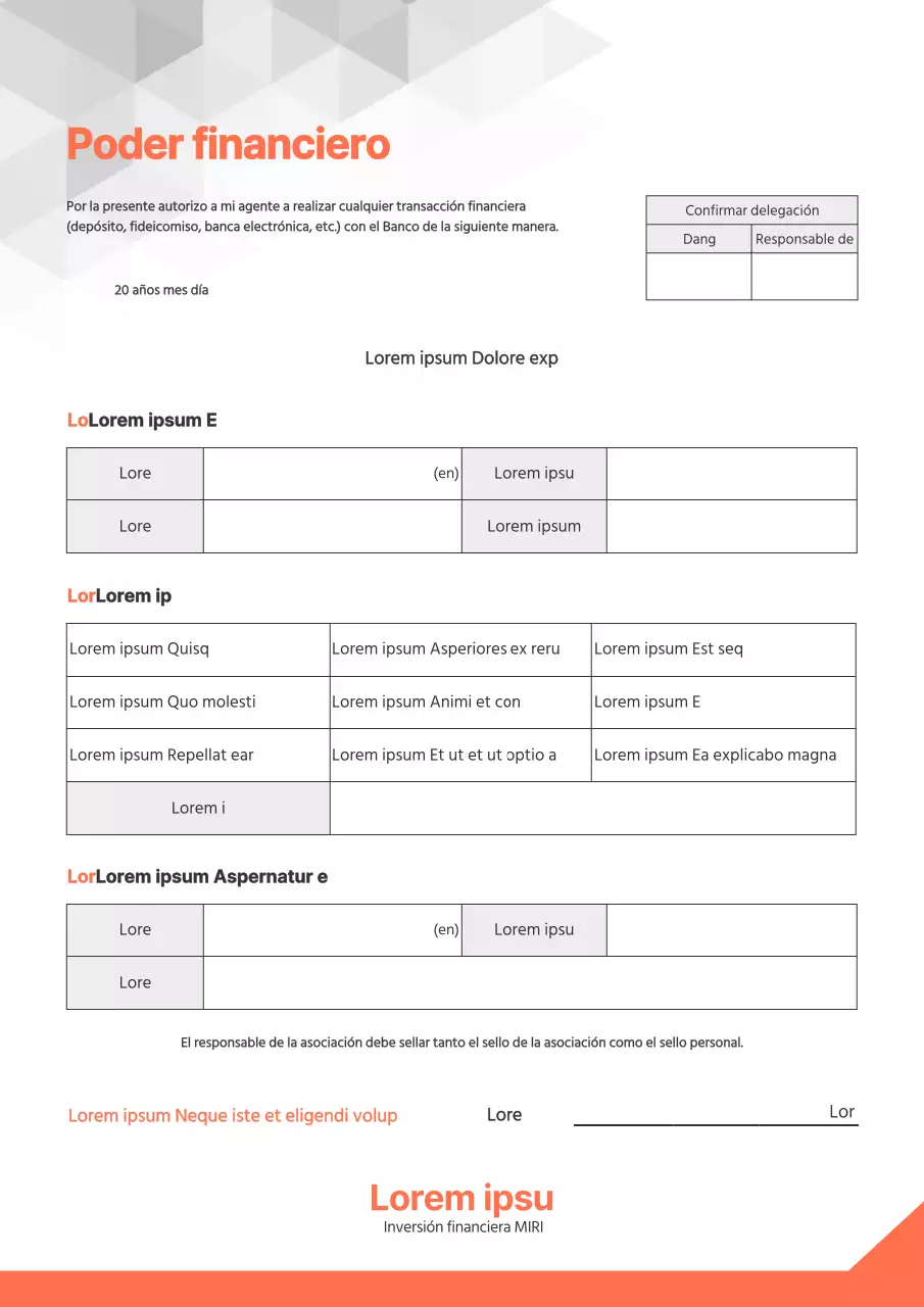 Un poder limpio naranja y gris para transacciones financieras