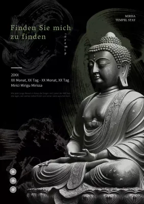 Abstrakter, orientalischer Tempelaufenthalt mit schwarz-weißen und grünen Buddha-Statuen