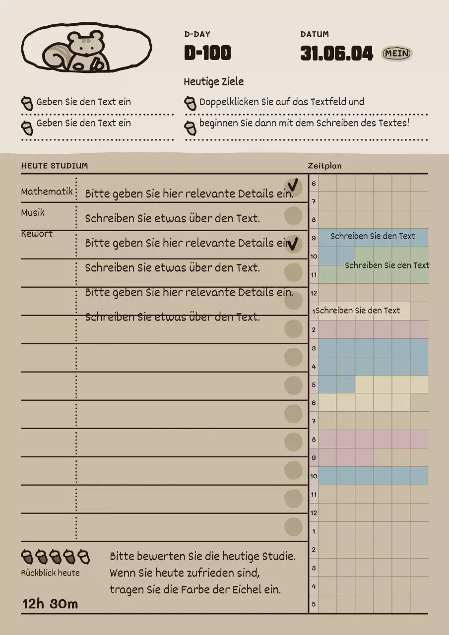 Tagesplaner mit niedlichen Illustrationen in Beige und Braun