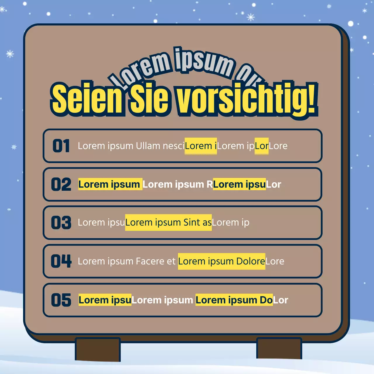 Sicherheit in den Bergen im Winter mit kastanienbraunen und hellblauen Schildern