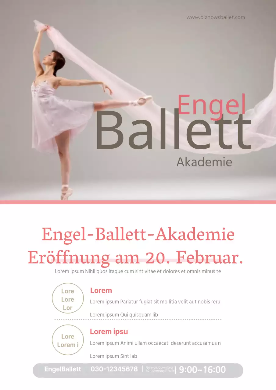 Bewerben Sie die Eröffnung einer Ballettschule mit einem Foto einer Ballerina in Rosa.