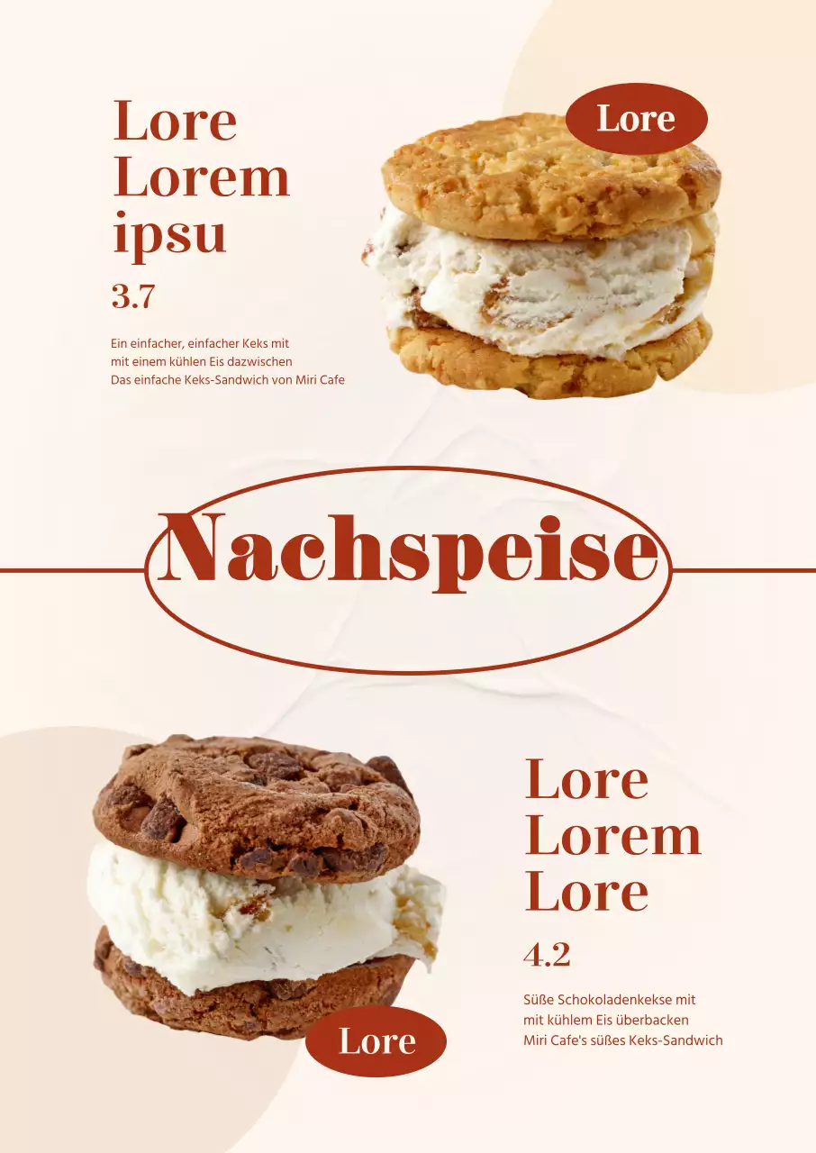 Vorstellung der Dessertkarte des Cafés in Elfenbein und Rot