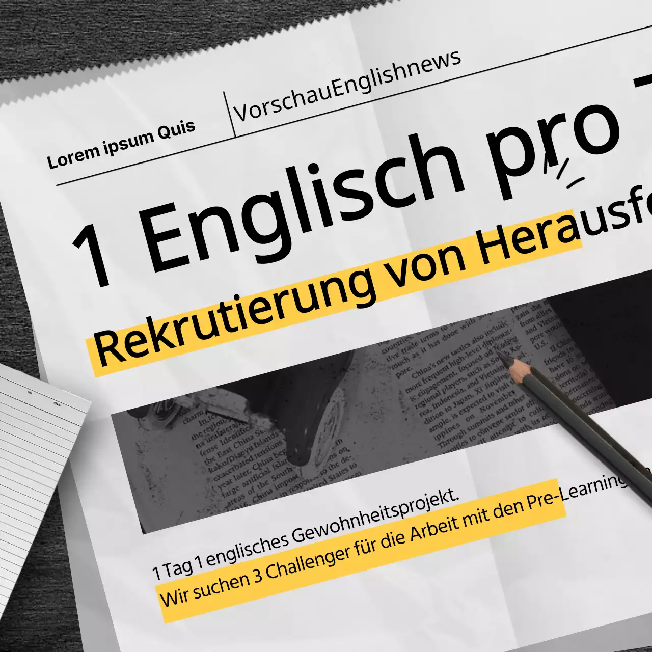 Aufruf für englische Herausforderer mit einem schwarz-gelben Zeitungskonzept