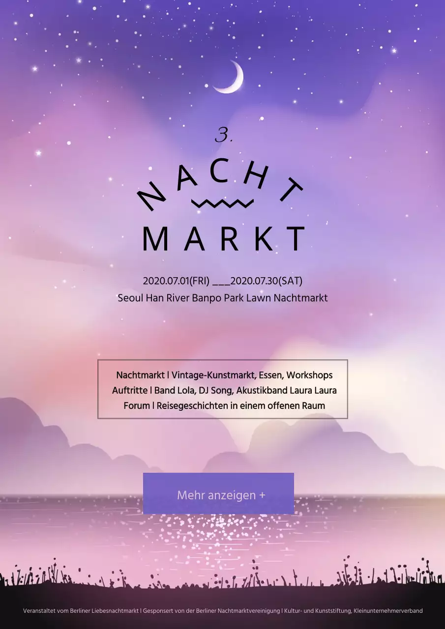 Werbung für einen Nachtmarkt mit einer violetten Landschaftsillustration