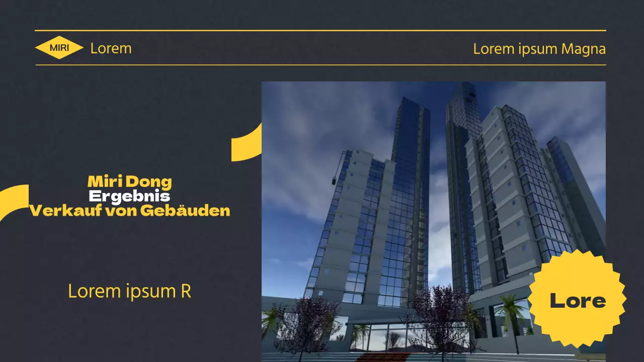 Video zur Auflistung von Immobiliengebäuden mit gelbem Text auf dunkelgrauem Hintergrund