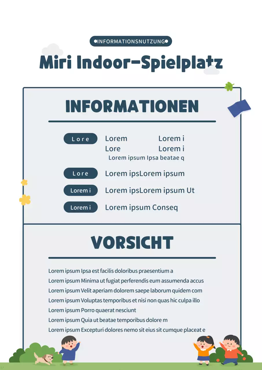 Niedliche Illustration im Stil von Marineblau und Grün Informationen über Indoor-Spielplätze