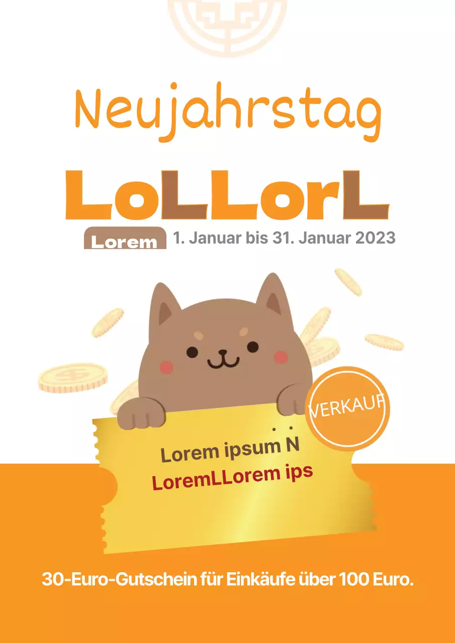 Niedlicher Neujahrsverkauf mit orangefarbener Welpenillustration