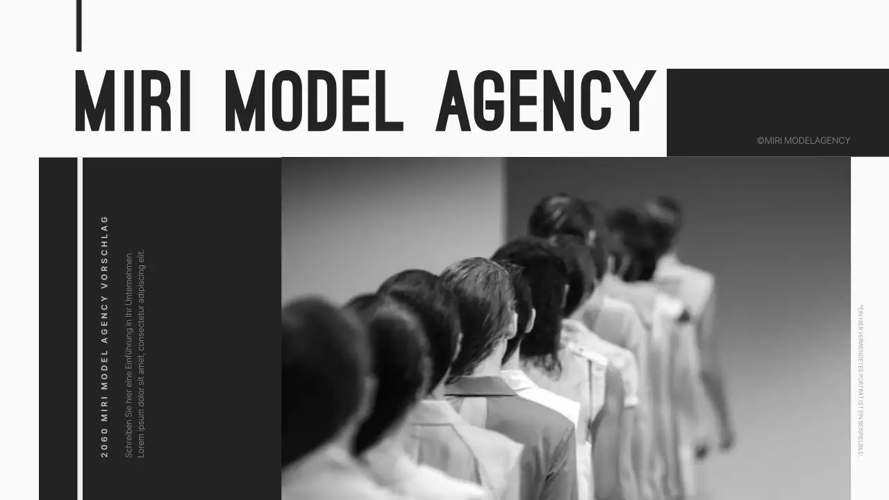 Ein sauberes und modernes Firmenprofil einer Modelagentur in Schwarz.