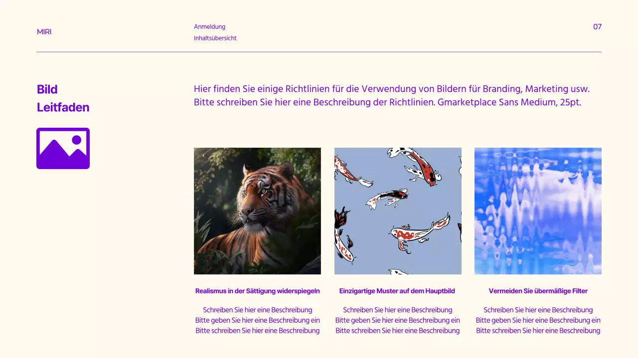 Markenrichtlinien mit klaren Textakzenten in Lila und Zitrone