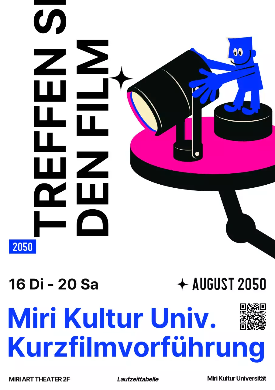 Eine einfache Filmvorführungswerbung in Schwarz-Weiß und Blau.