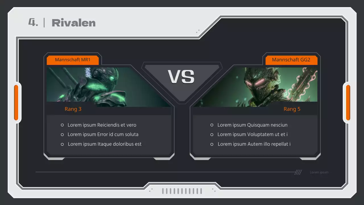 Spielstrategiebericht mit einem mechanischen Konzept in neutralen Farben und Orange.