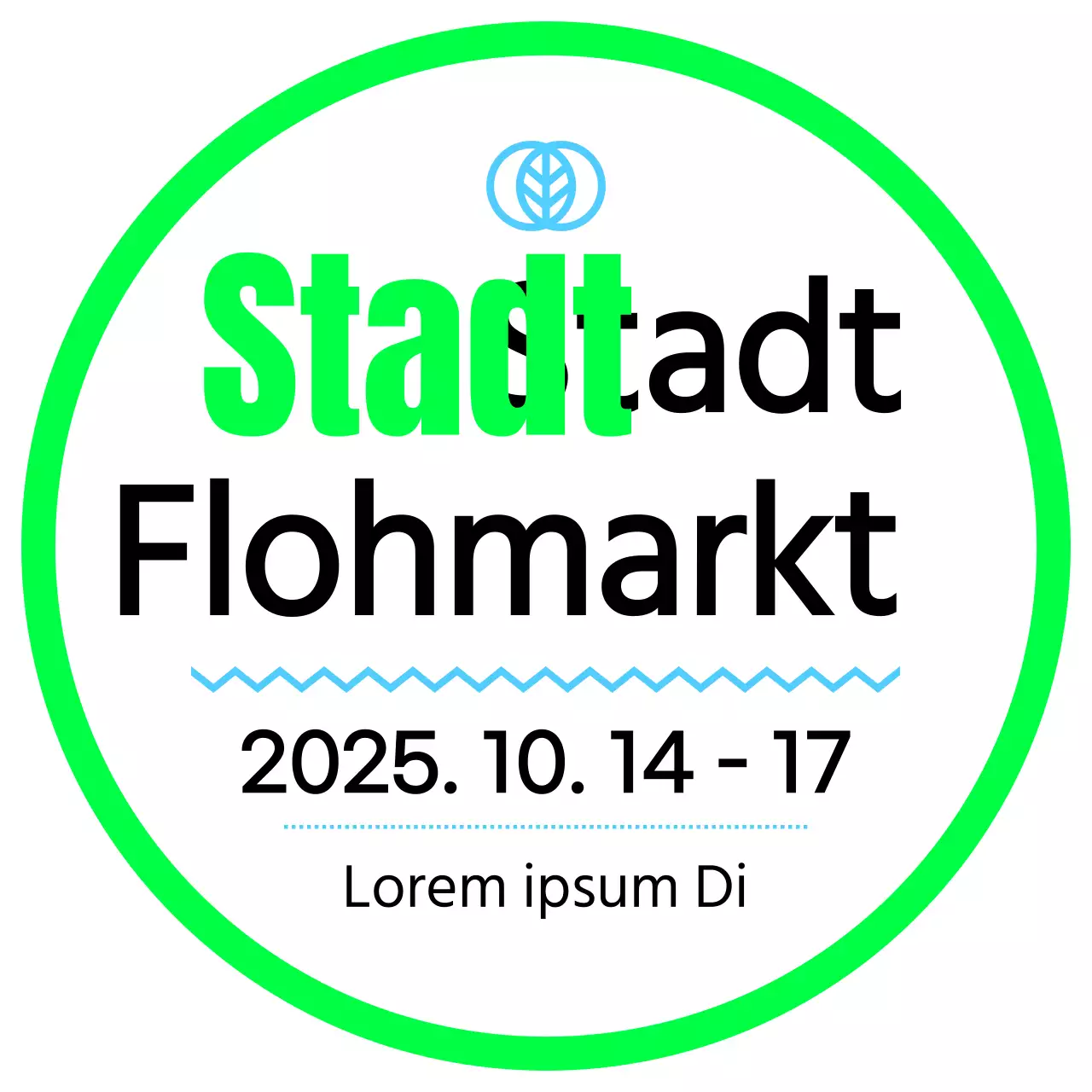 Ein Werbeschild mit einer grünen, himmelschwarzen Flohmarktankündigung und mehreren Abbildungen von Formen.