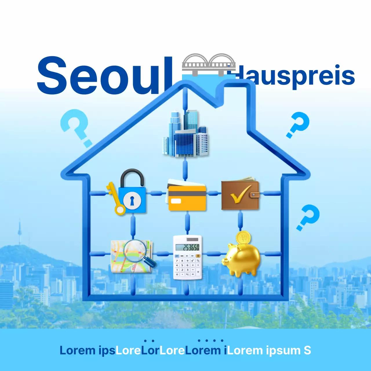Blau gelb 3D-Symbol Montage Teile Konzept für Seoul Hauspreise Immobilien Förderung
