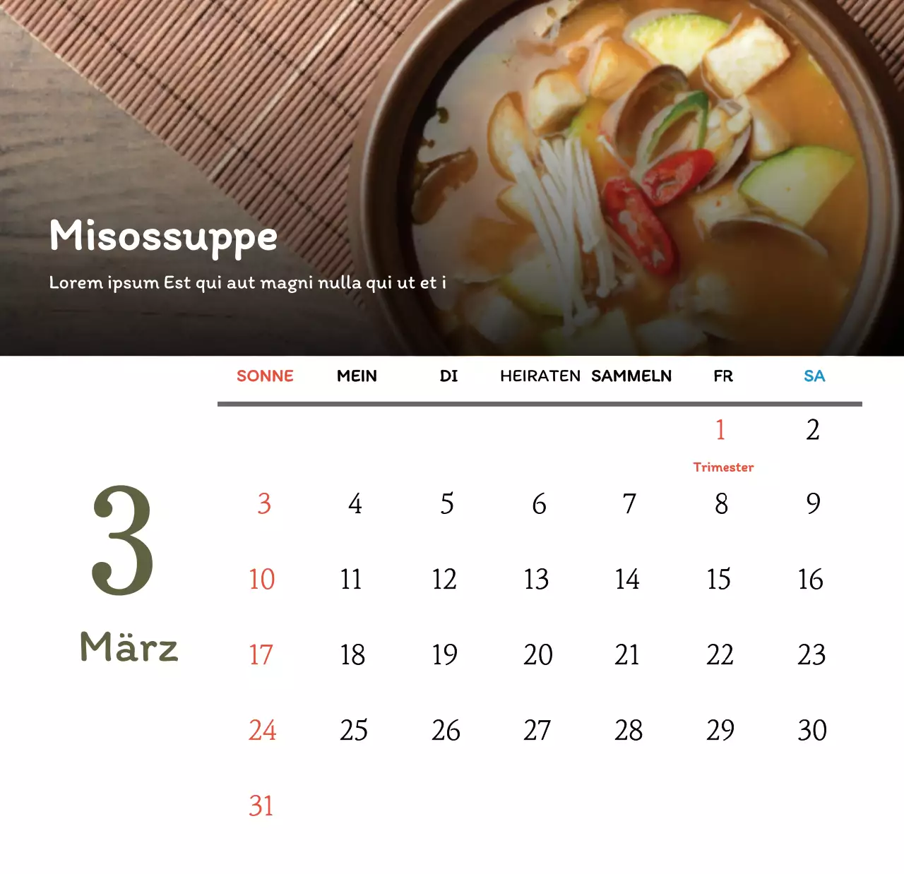 Traditioneller koreanischer Restaurantkonzept-Gutscheinkalender in Beige und Braun