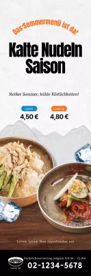 Banner für ein kühles Sommermenü kalte Nudeln in Braun und Blau